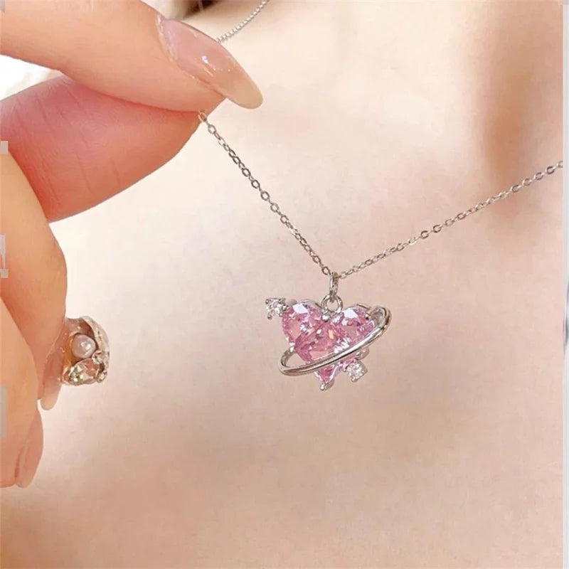 Pink Planet Heart Zircon Pendant Necklace