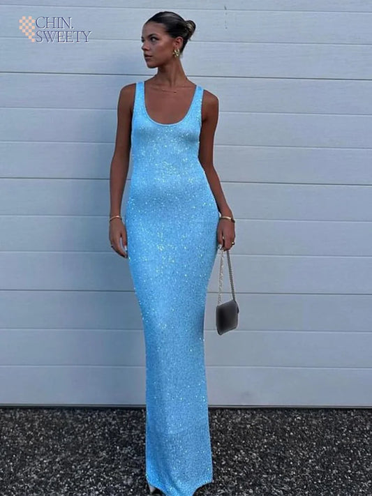 Sexy Blue Shiny Sequin Sling Dress