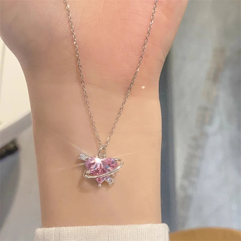 Pink Planet Heart Zircon Pendant Necklace