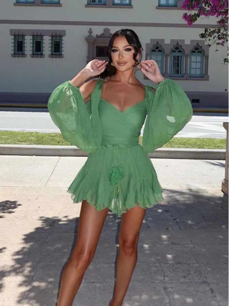 Elegant Green Ruffled Mini Dress