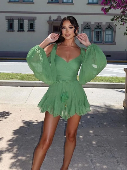 Elegant Green Ruffled Mini Dress