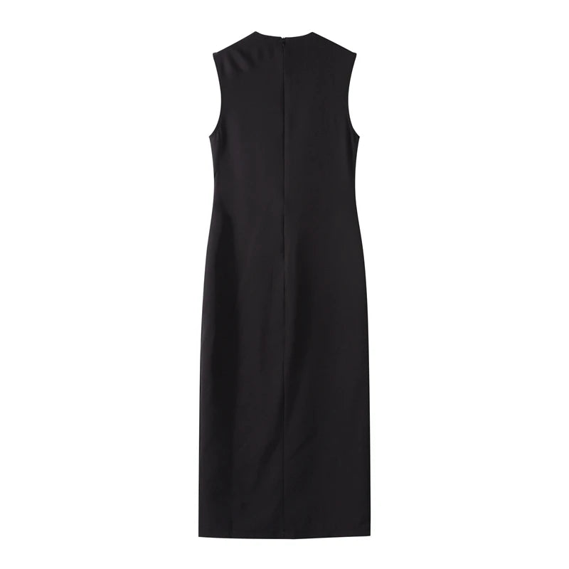 Black Elegant Sleeveless Dress with Belt – Front Split & Button Detailing