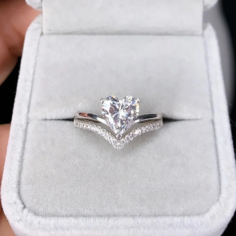 Silver Heart Zircon Wedding & Engagement Ring Set