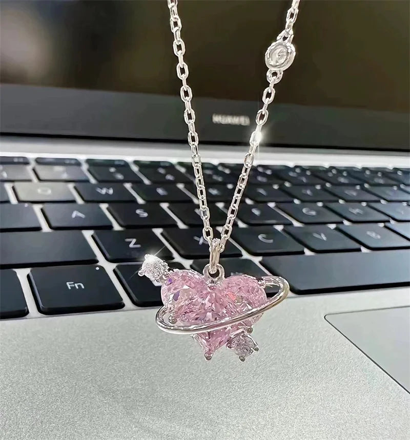 Pink Planet Heart Zircon Pendant Necklace