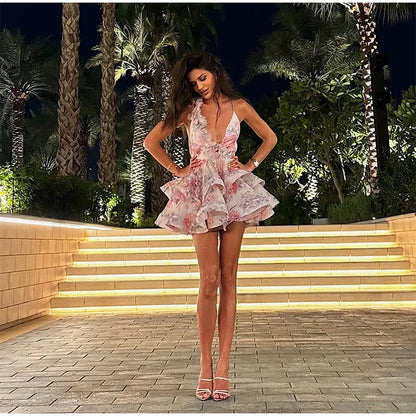 3D Floral Lace-Up Halter Dress