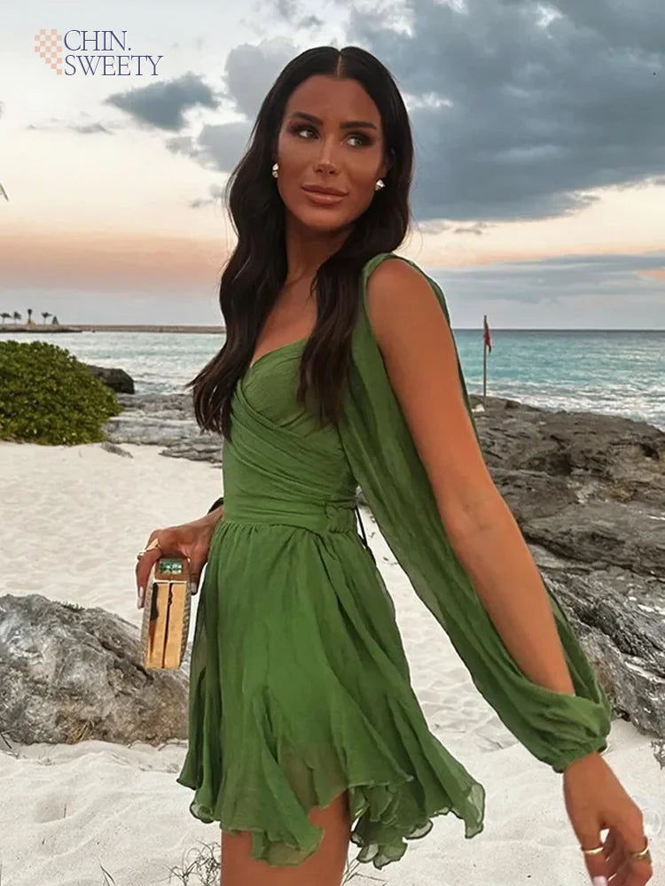 Elegant Green Ruffled Mini Dress