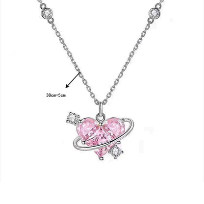 Pink Planet Heart Zircon Pendant Necklace